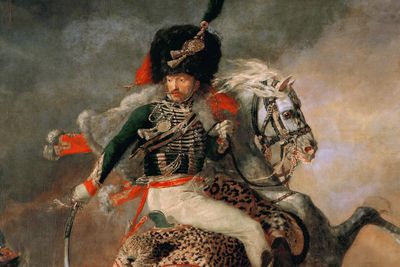 An image of a painting titled The Charging Chasseur by artist Théodore Géricault
