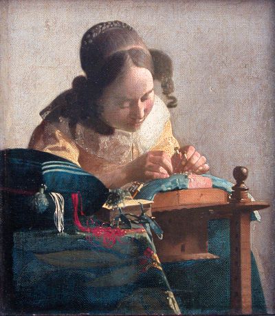 An image of a Drawing titled The Lacemaker by artist Johannes Vermeer.